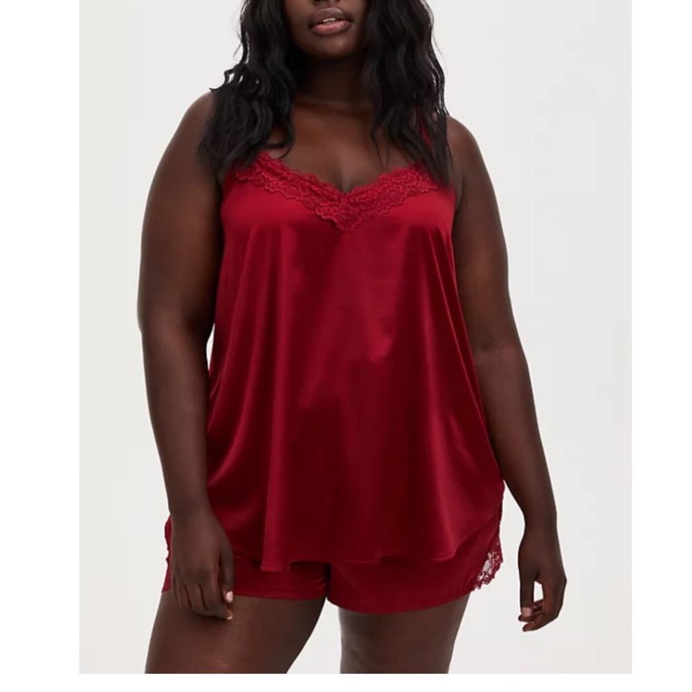 torrid Satin Lace-Trim Cami & Shorts Set in Deep Red